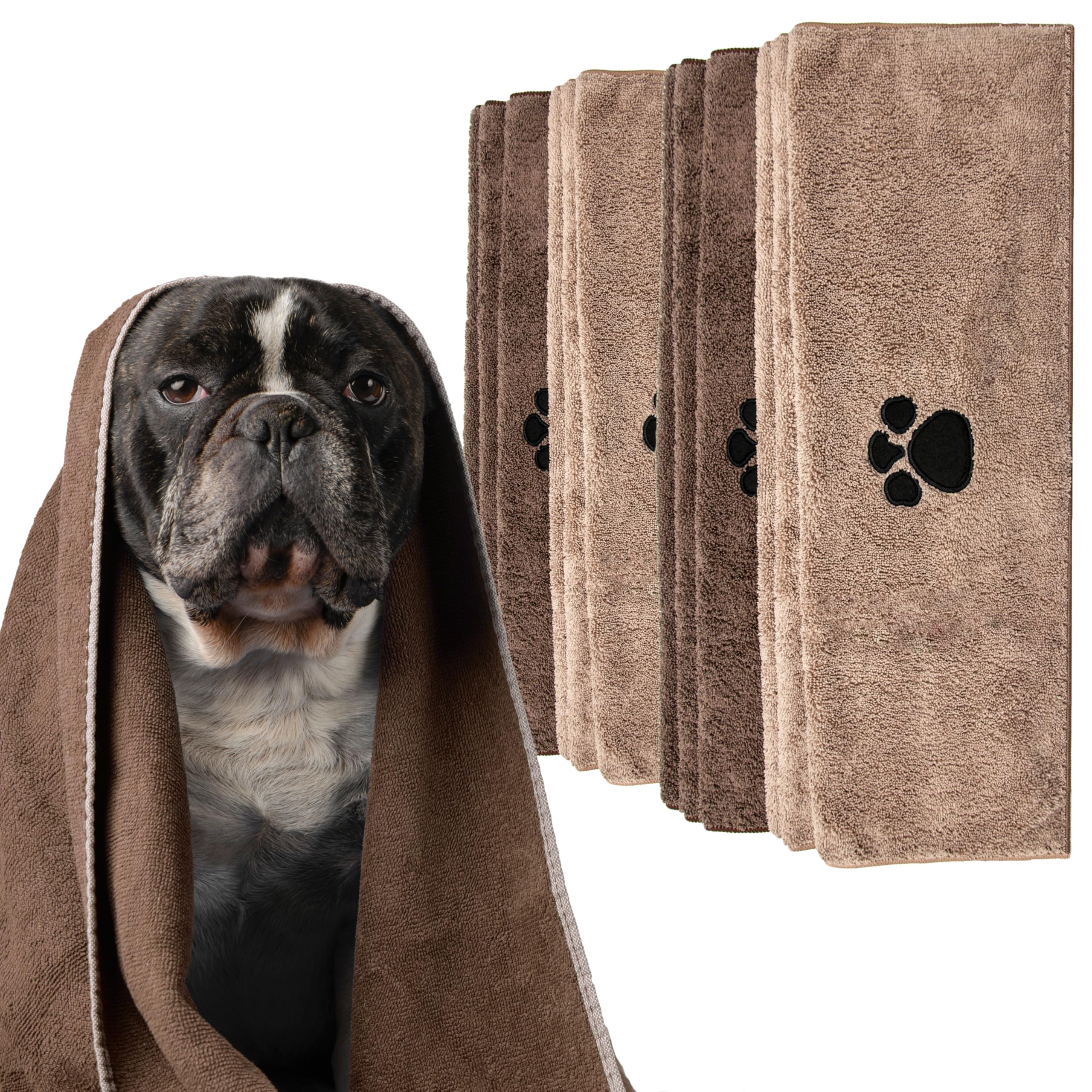 SUPER ABSORBENT Soft Microfiber Dog & Cat Towel - Fast Drying Dog Wash Pet Towels, Bath Accessories, Nail Paw Cleaner (Mocha/Stone, 100x60cm, Pack of 4)