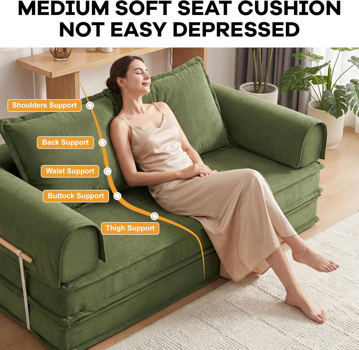 Convertible Sofa Bed, Boneless Couch Bed 80 Inch, Corduroy Futon Sofa Bed with Removable & Washable Slipcover, 4-in-1 Pull Out Sofa, Loveseat Sleeper Cloud Couch for Living Room (Green) | Breathable Material