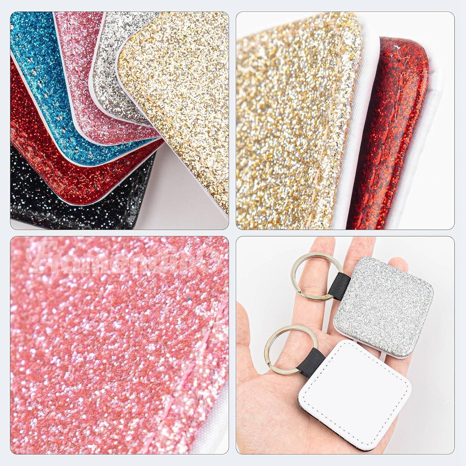 Framendino, 16 Pack Sublimation Blank Keychain Glitter PU Leather Square Rectangle Heat Transfer Key Chain for DIY Craft Making 6 Colors - Image 7