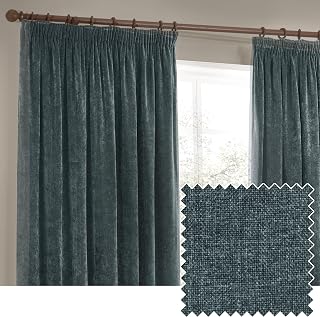 Yard Heavy Chenille Pencil Pleat Curtain Pair – Lined Room Darkening Soft Velvet Curtains (Marine – Width 168 x Drop 229cm)