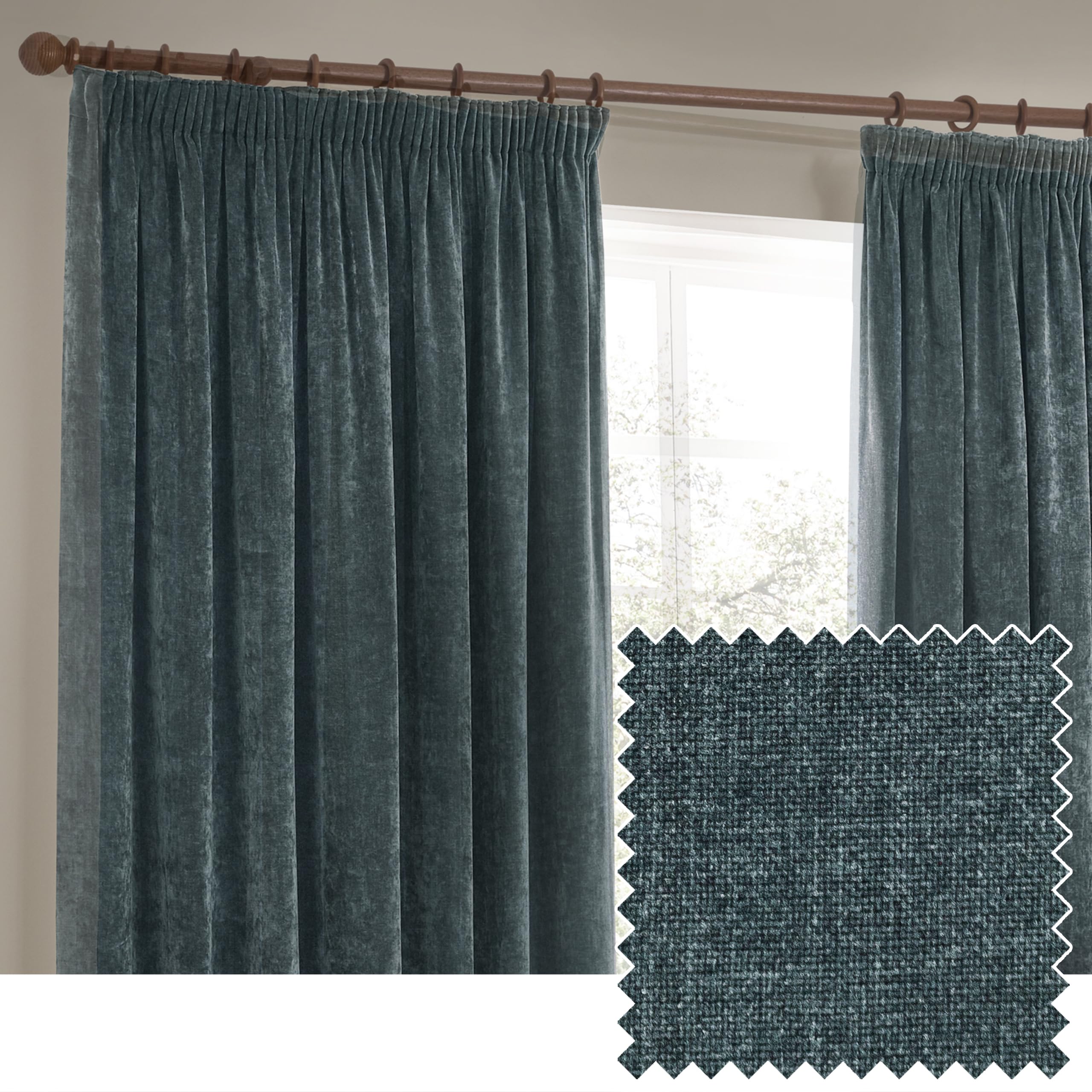 Yard Heavy Chenille Pencil Pleat Curtain Pair – Lined Room Darkening Soft Velvet Curtains (Marine – Width 117 x Drop 137cm)