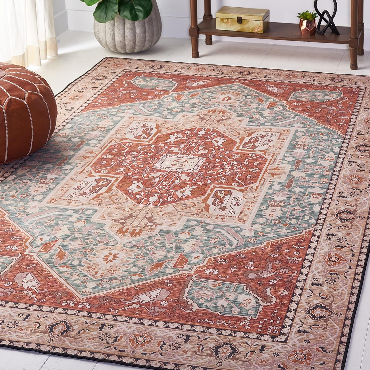 SAFAVIEH Washable Rug Tucson Collection - 4' Square, Aqua & Rust, Slip Resistant & Easy to Clean, Ideal for Foyer, Kitchen, Nursery, Office, Bedroom (TSN150J)