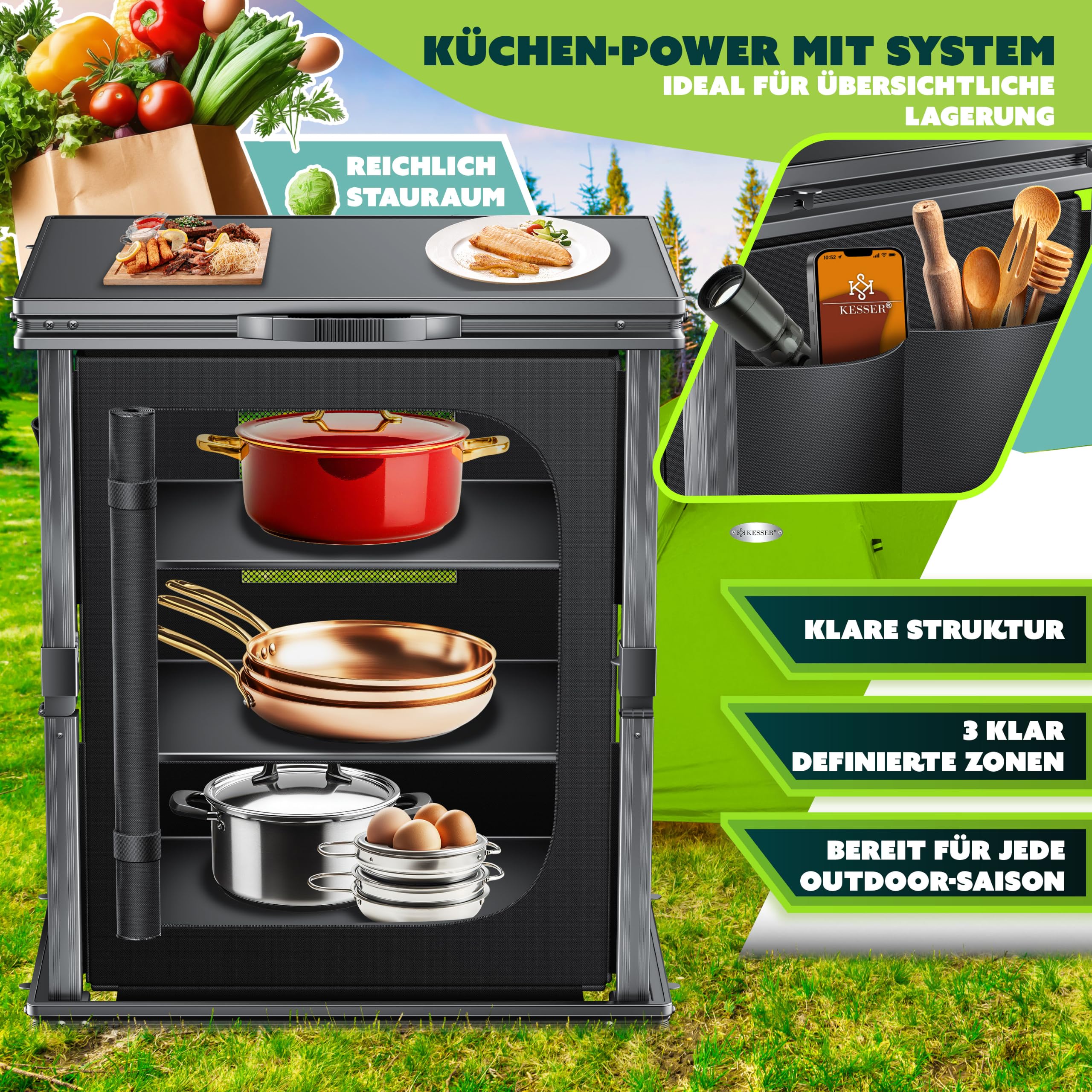 KESSER® Camping Küche faltbar | Outdoor Campingschrank 60x80cm | Küchenschrank mit Aluminiumgestell, 3 Fächer inkl. Seitentaschen & Fliegengitter | Campingküche aus UV-resistentem Stoff