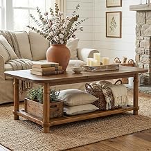 47" Rectangle Coffee Table, Solid Wood Center Table with 2-Tier Storage, Modern Farmhouse Coffee Tables for Living Room, Home & Family Room, Brown