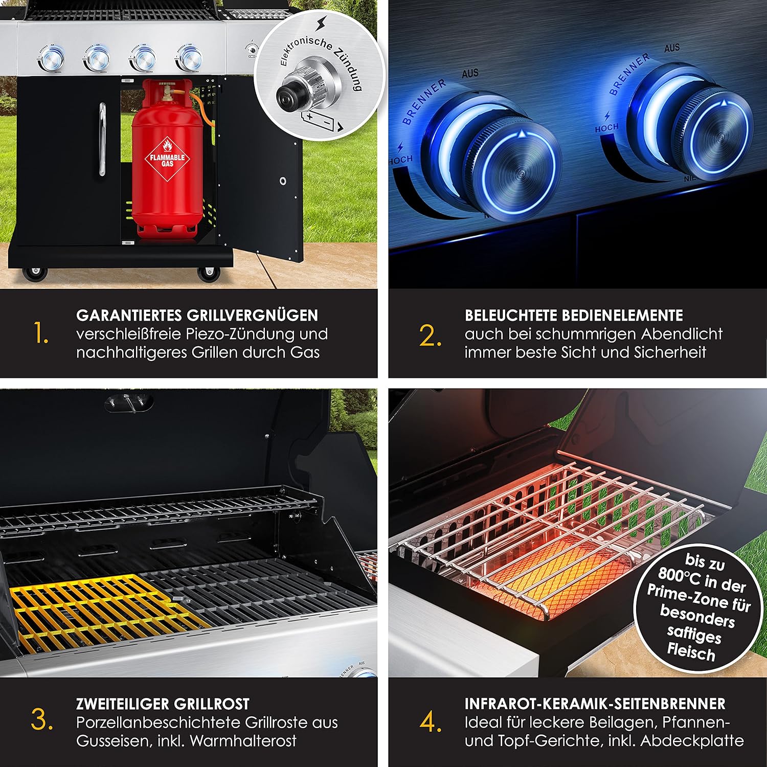 KESSER® Barbecue a Gas Master BBQ con termometro a infrarossi e Grill da 800°C, Illuminazione a LED, Ceramica 4+1 fornelli in Acciaio Inossidabile Barbecue XXL con Carrello, Nero KESSER® Barbecue a Gas Master BBQ con termometro a infrarossi e Grill da 800°C, Illuminazione a LED, Ceramica 4+1 fornelli in Acciaio Inossidabile Barbecue XXL con Carrello, Nero