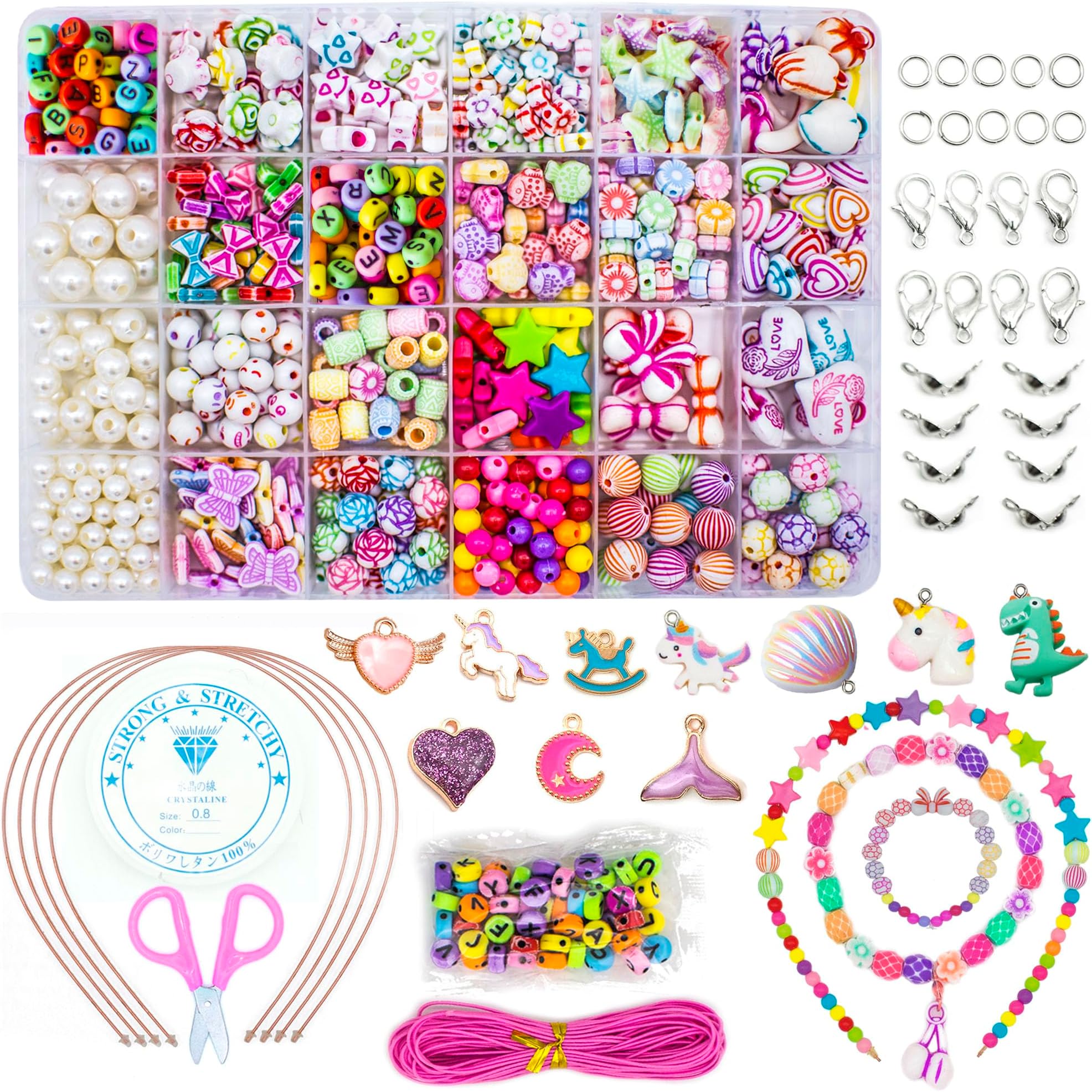 Children DIY Beads for Jewellery Bracelet Necklaces String Making Kit, Friendship Bracelets Art Craft Kit for Girls Kids, 24 Colors