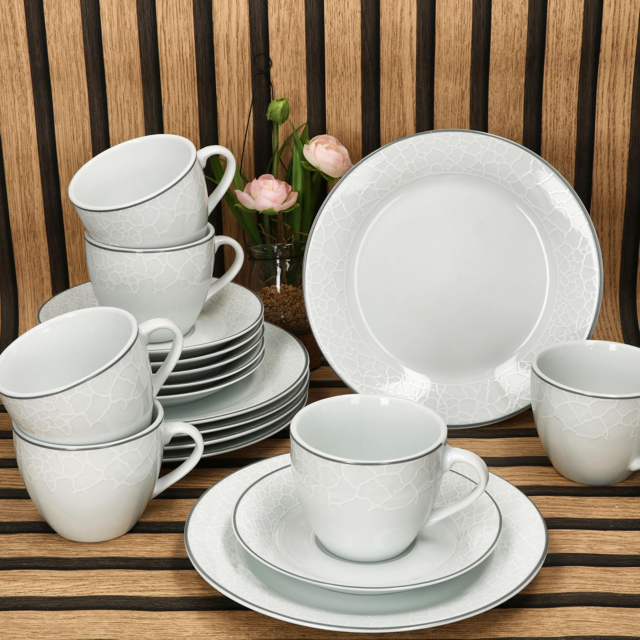 MamboCat Venedig 18tlg Kaffeeservice I weißes Porzellan Geschirr mit Relief in Kieselstein-Optik & Grauer Linie für 6 Personen I je 6X Kaffeetassen 180ml, Untertassen & Kuchenteller