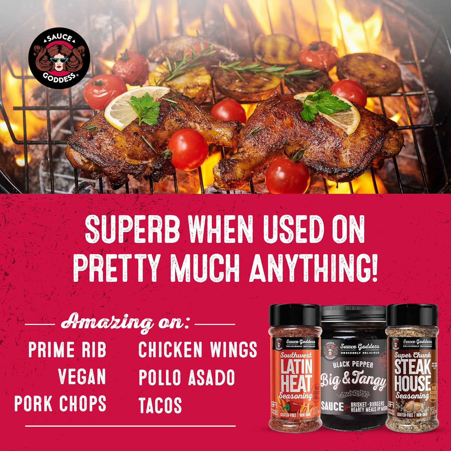 Sauce Goddess - Gluten-Free & Vegan Combo - Southwest Latin Heat, Black Pepper Big & Tangy, Super Chunk Steak House Sauces & Seasonings Set