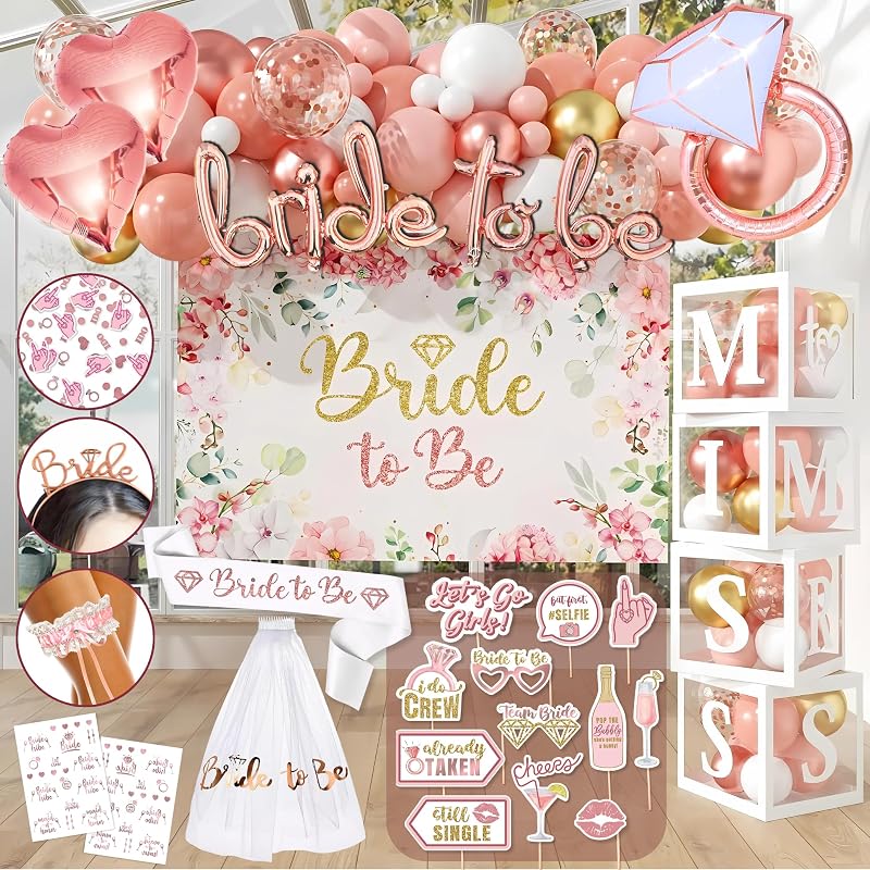 189 Pc Rose Gold Bridal Shower Decorations Kit – Bachelorette Party Set | Complete kit with balloons, banners, backdrops, photo booth props, garland, sash, cake topper, elegant pink and neutral decor