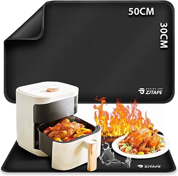 Heat Resistant Mat for Air Fryer Site - 19.6 x 11.8in, Fireproof Silicone Mats for Kitchen Counter, Heat Proof Mat, Non-slip & Waterproof for Deep Fryer, Oven, Coffee machine Black