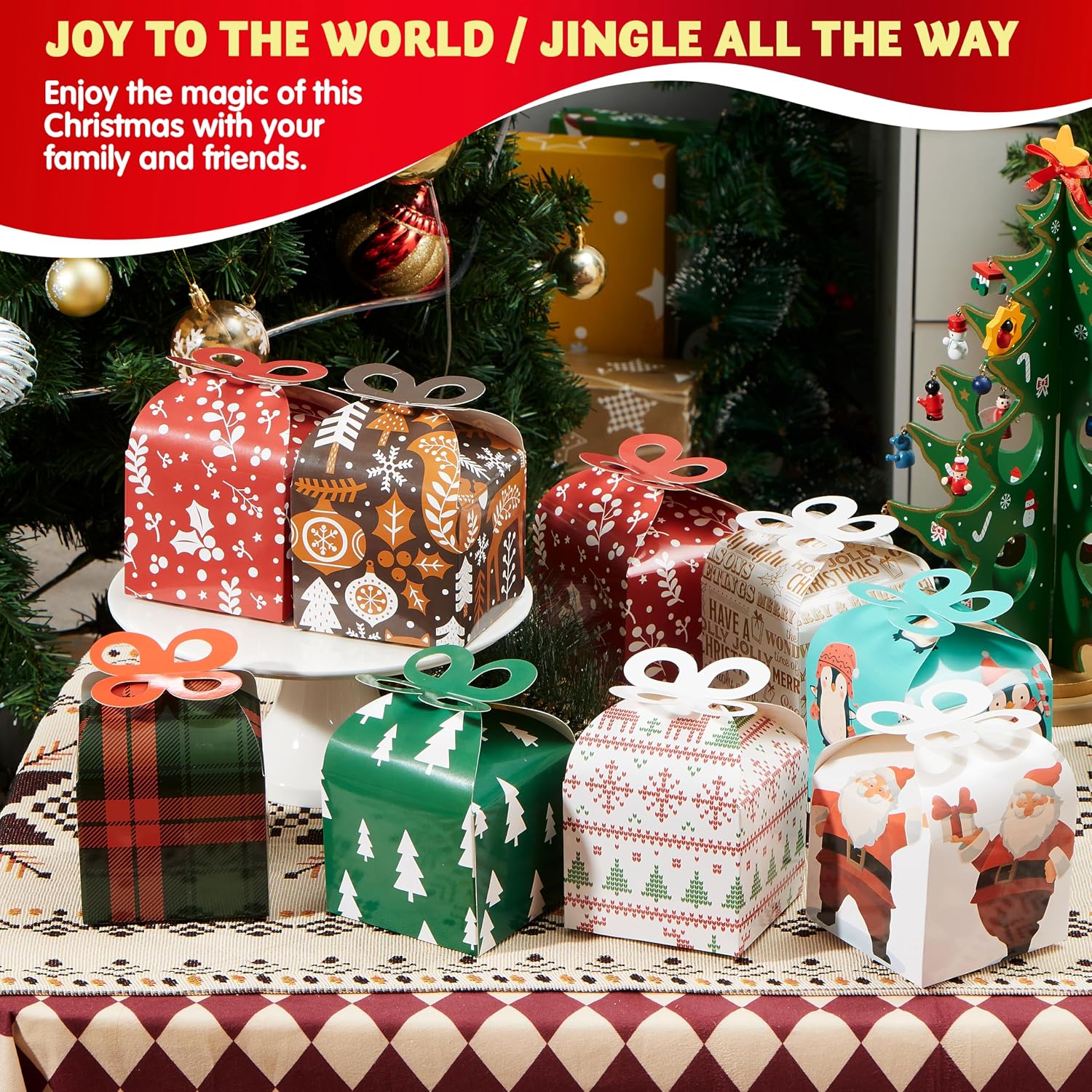 JOYIN 36 PCS Christmas Goody Gift Boxes with Bow, Folding Candy Box, Paper Treat Cookie Boxes for Christmas Xmas Holiday Wedding Decoration, Kids' School Classrooms Party Favors
