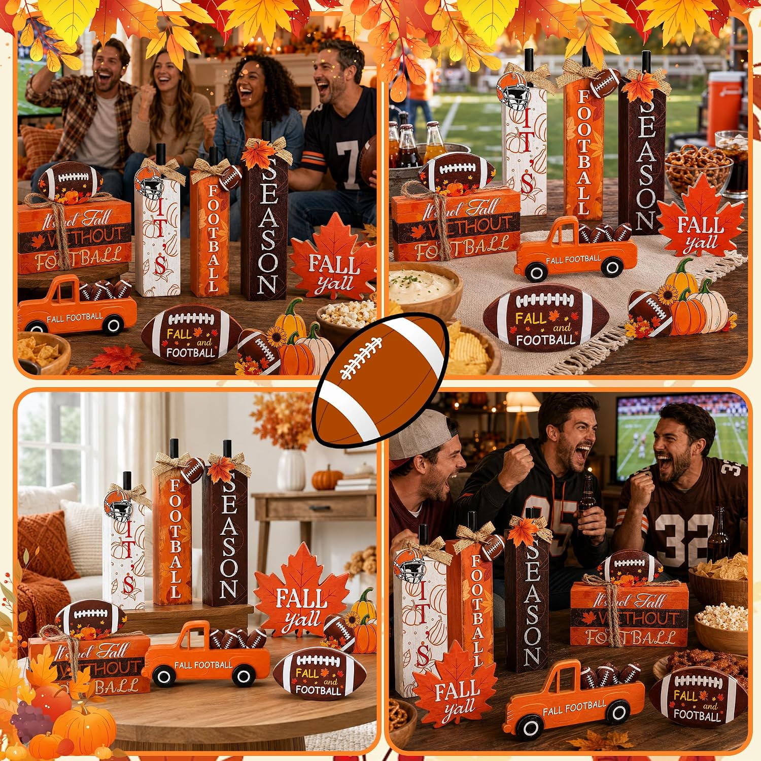 Fall Football Decorations for Home, 9 Pcs Wooden Table Centerpieces