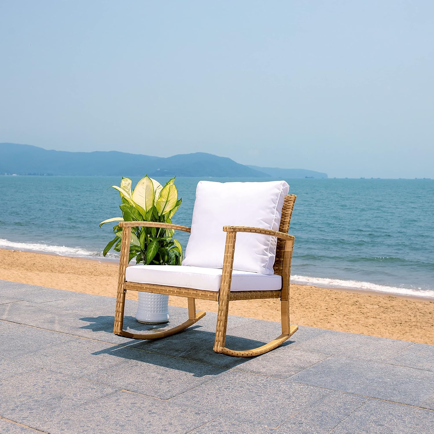 SAFAVIEH Outdoor Collection Daire Woven Natural/White Cushion Rocking Chair for Patio Porch Backyard Sunroom