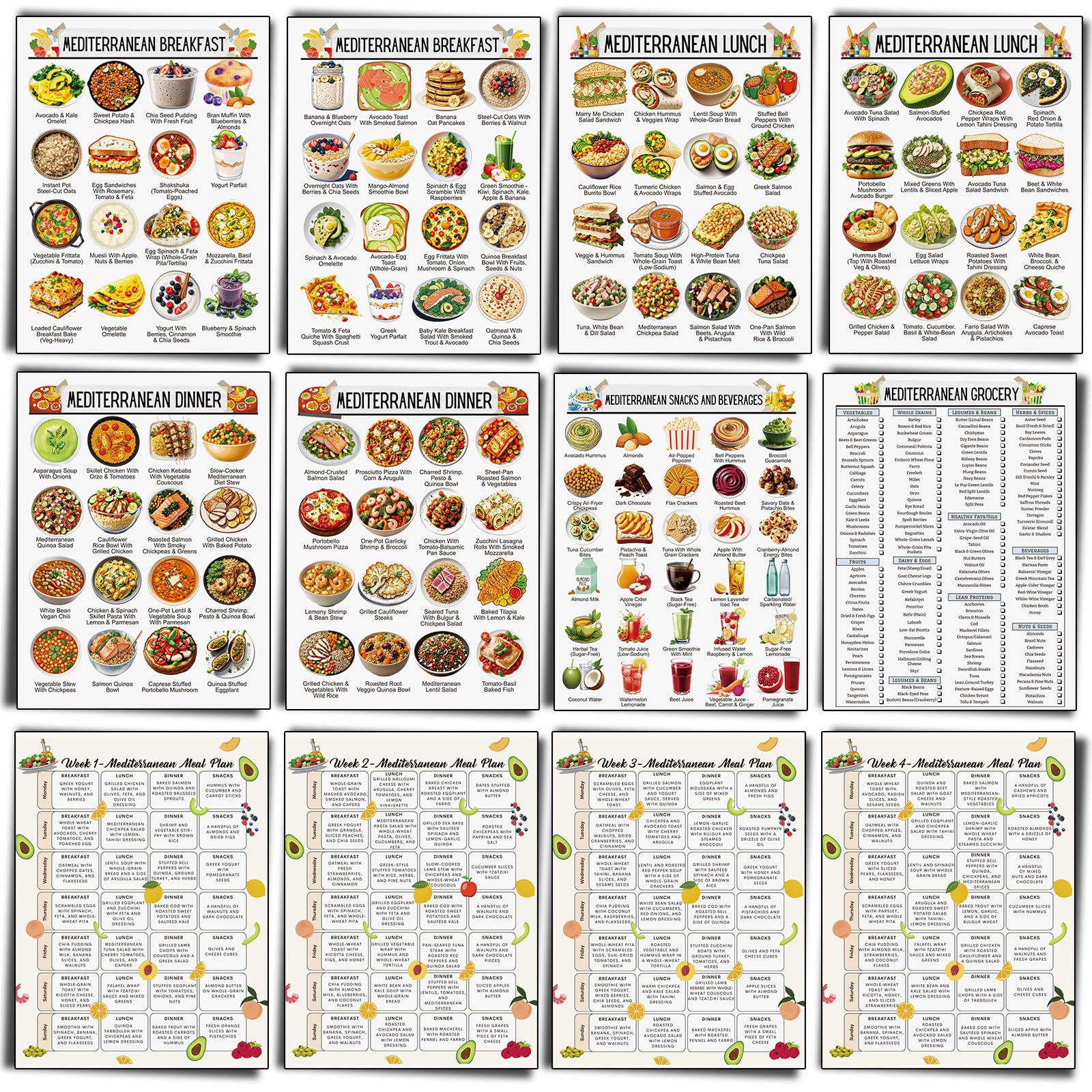 Sinload 12 Pcs Mediterranean Diet Food List Poster Grocery Shopping List