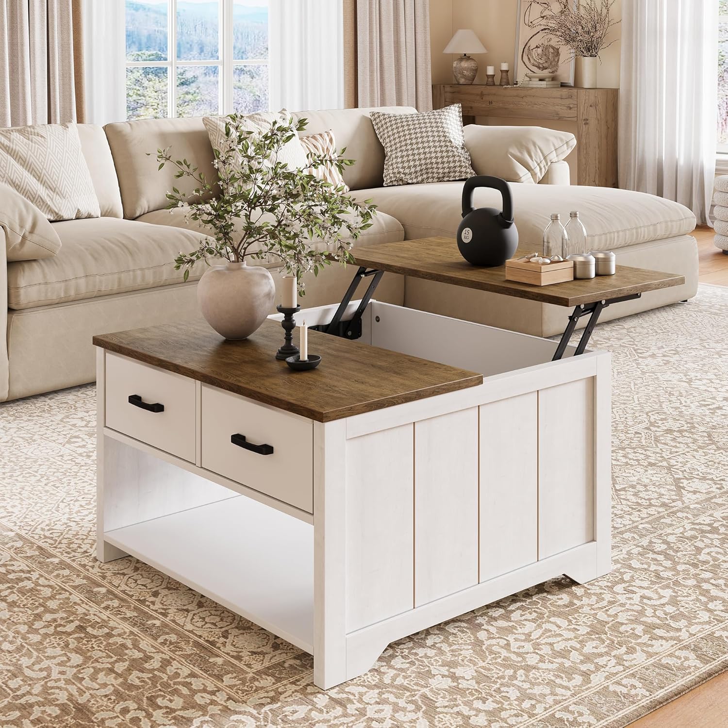 Farmhouse Lift Top Coffee Table with Storage, Rustic Square Wood Coffee Table with Large Hidden Compartment & 2 Drawers & Open Shelf, Multifunctional Lift-Top Center Table for Living Room