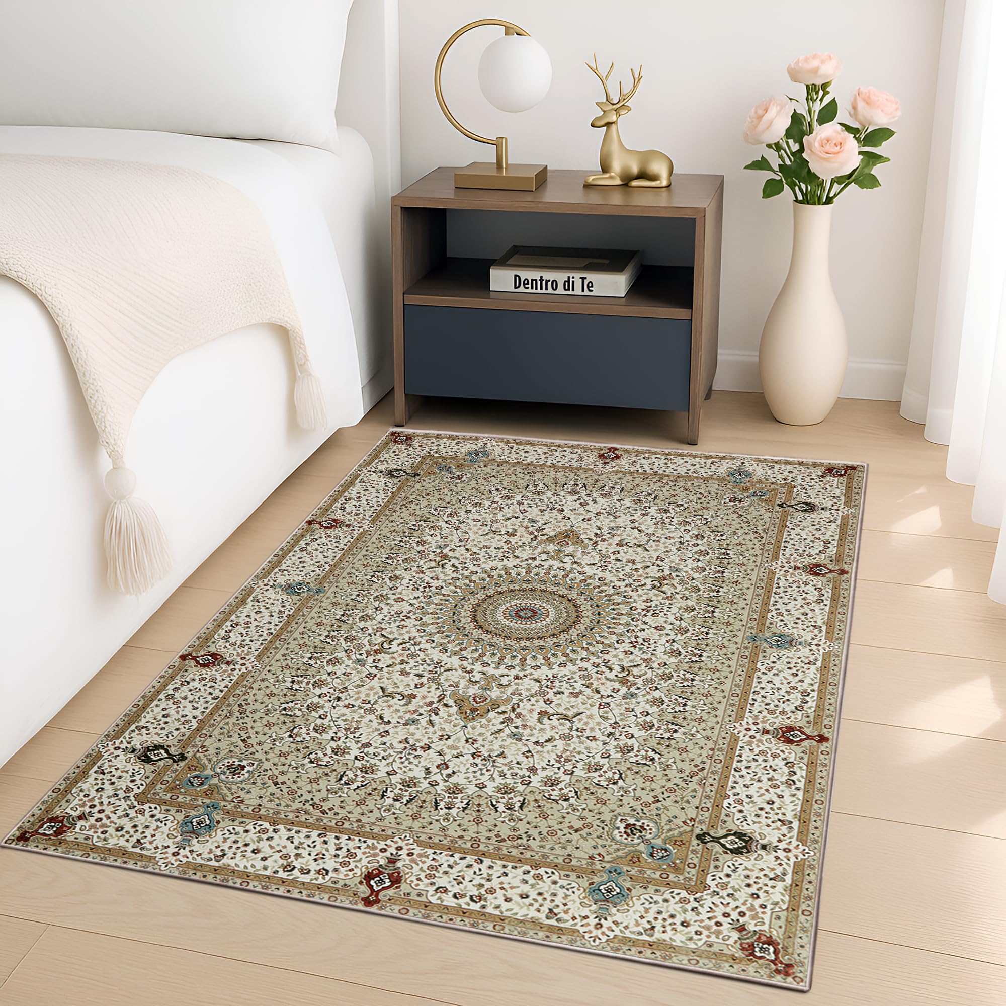 BedLooms Washable Rugs Living Room 80x150 cm – Floral Vintage Cashmere Design Beige Area Rugs for Bedroom Non Slip – Traditional Boho Rug for Kitchen Dinning Room Lounge (Willow Beige) — image 1