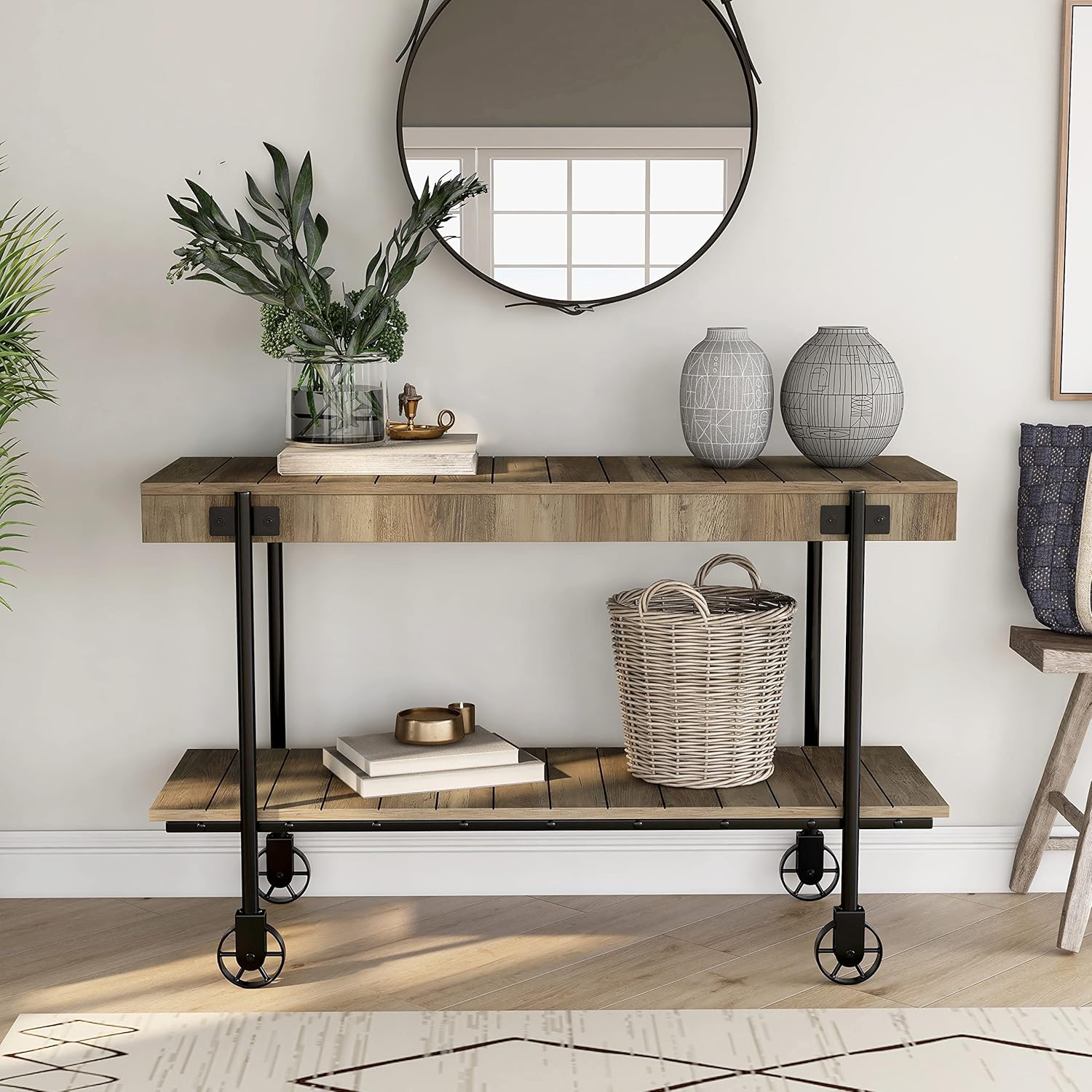 Furniture of America Cleon Industrial 1-Shelf 48 in. Sofa Table with Wheels for Display, Decorate Living Room, Hallway, Bedroom, Dressing Room, Black and Rustic Oak Brown