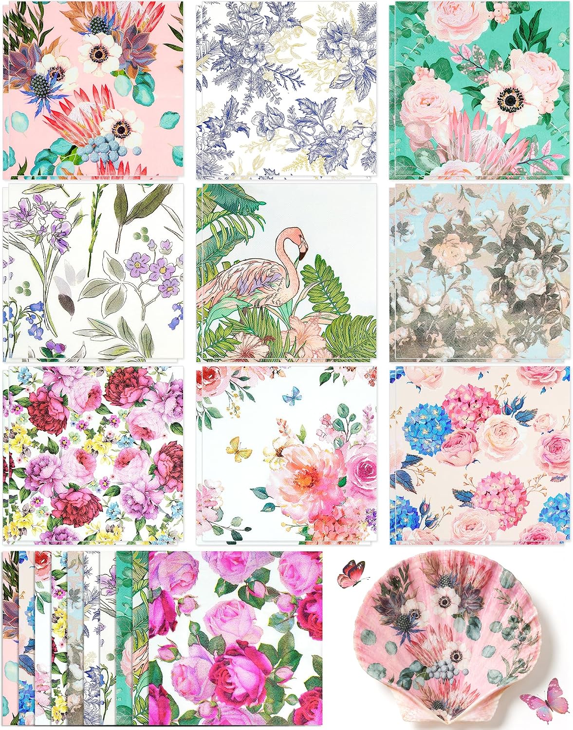 FIVEIZERO 20 Pack Decoupage Napkins, 10 Styles Vintage Floral Napkins