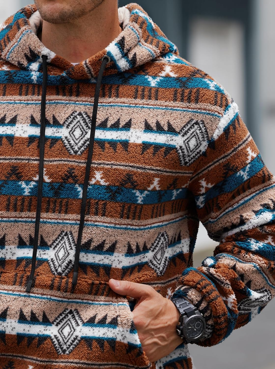 Mens Tribal Aztec Hoodie Sherpa Fluff Allover Print Long Sleeve Thermal Vintage Graphic Sweatshirt (S-XXL) - Image 7