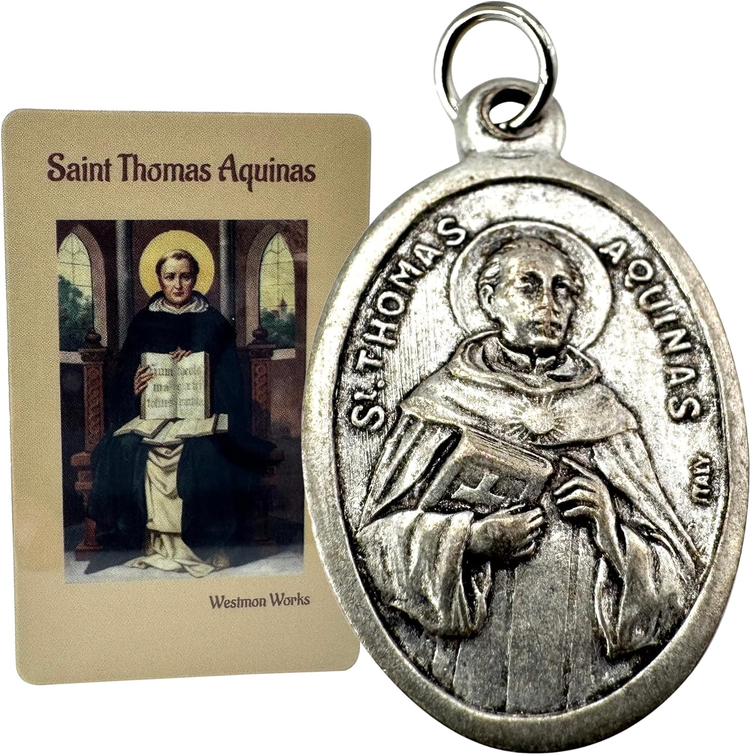 St Thomas Aquinas Medal Set Italian Medallion with USA Made Holy Card