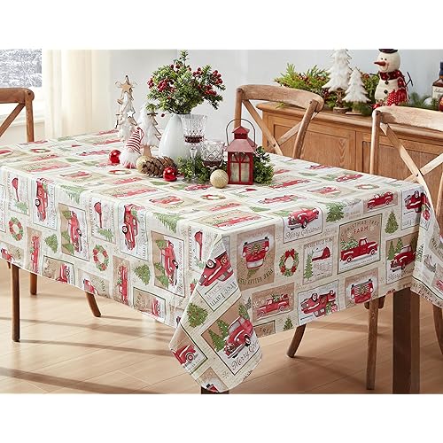 Newbridge Yuletide Christmas Tree Farm Red Barn Truck Vinyl Flannel Back Tablecloth, 60 x 102 Inch Rectangle, Nostalgic Holiday Wipe Clean Easy Care Table Cover