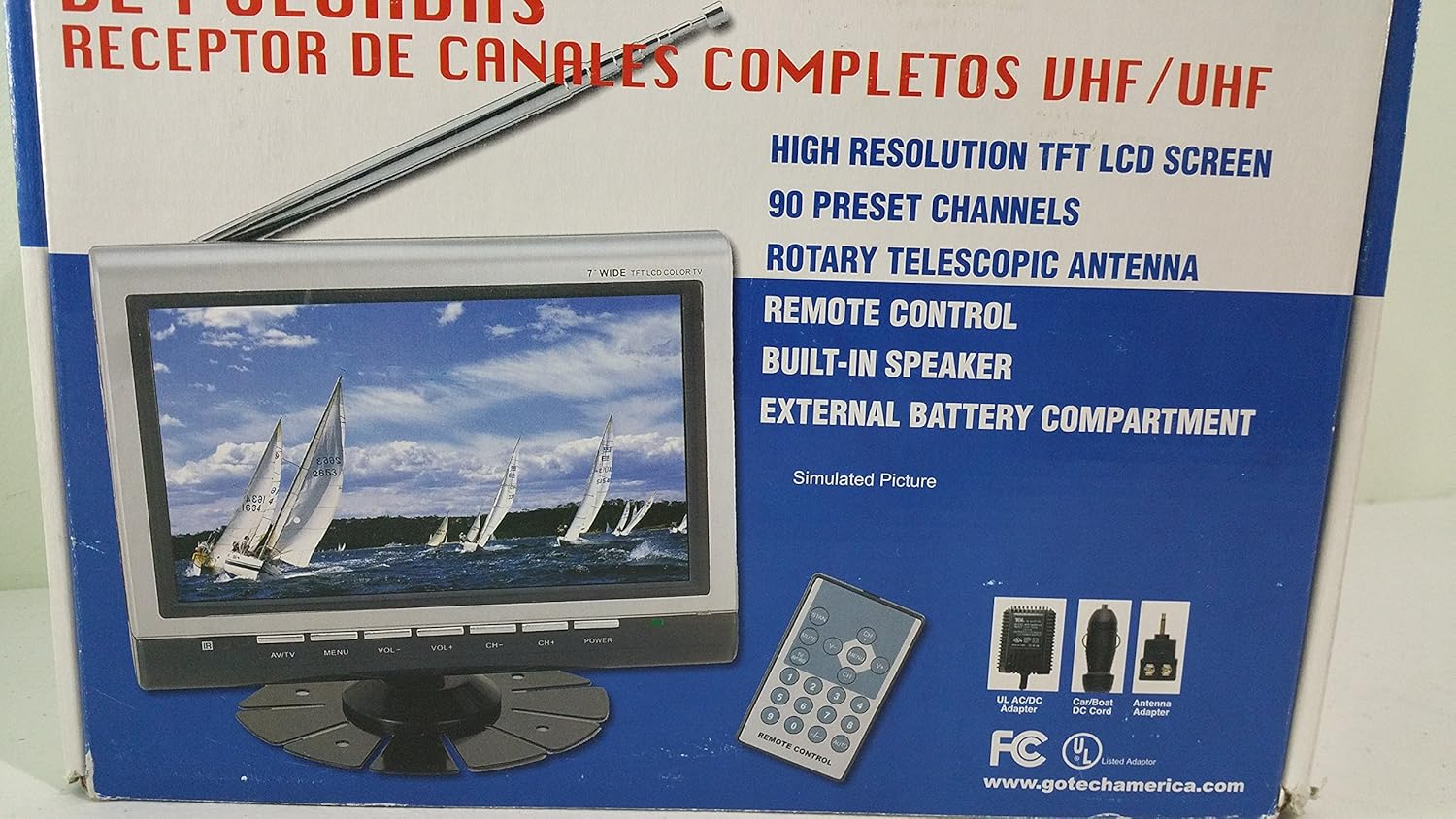 Close-up of Gotech GTV-7-TFT TV screen and remote on box