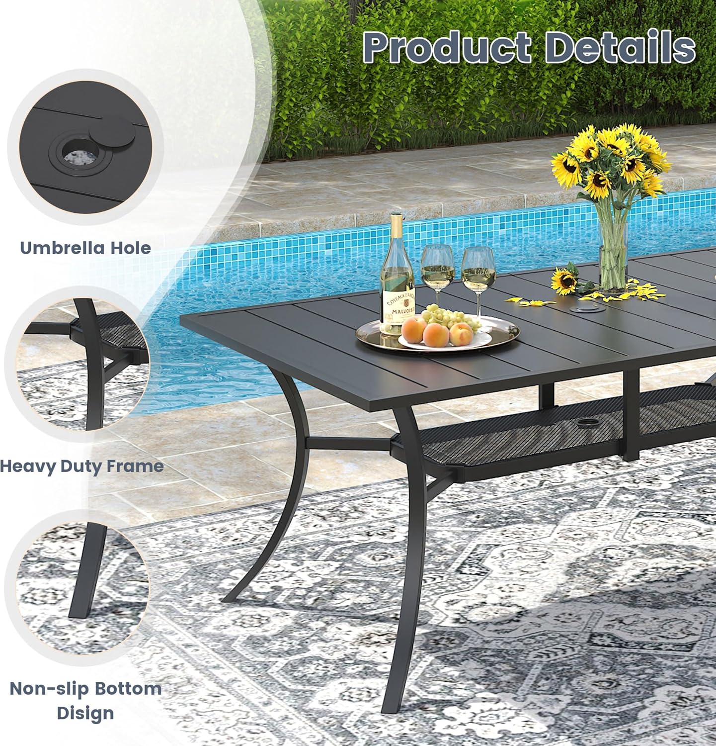VICLLAX Rectangle Patio Dining Table for 6 Person, Outdoor Metal Steel Slat Table with Umbrella Hole for Patio, Lawn, Garden, Porch, Black