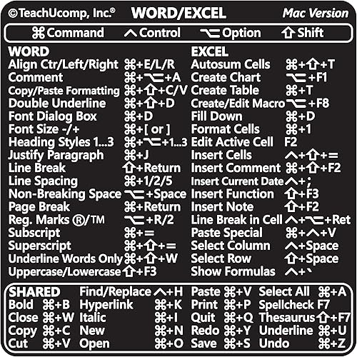 Miniatura 8 de TEACHUCOMP Adhesivo de atajos de teclado para Mac OS Plus Microsoft Word y Excel (para MacMacBook), ayuda de entrenamiento, hoja de trucos, vinilo,