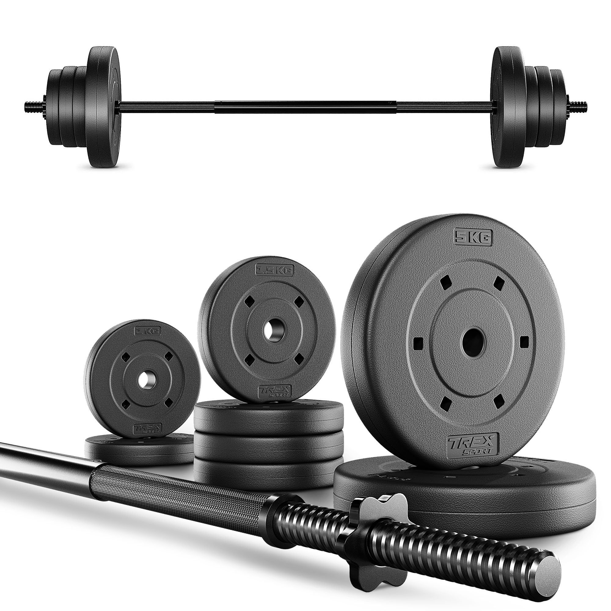 TREX SPORT Langhantel Set 22 kg | Hantelset mit Langhantelstange 120 cm aus Stahl und 8 Hantelscheiben aus Kunststoff in Schwarz mit mattem Finish für Krafttraining zuhause