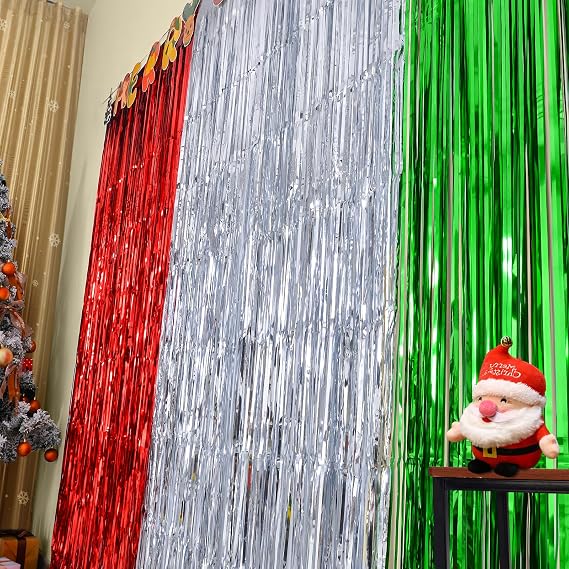 LOLStar 3 Pack Christmas Party Decoration 3.3X6.6 ft Each Red Silver Green Tinsel Fringe Curtains Party Photo Backdrop Streamer for Christmas,New Year, Ugly Sweater Party