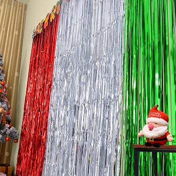 LOLStar 3 Pack Christmas Party Decoration 3.3X6.6 ft Each Red Silver Green Tinsel Fringe Curtains Party Photo Backdrop Streamer for Christmas,New Year, Ugly Sweater Party