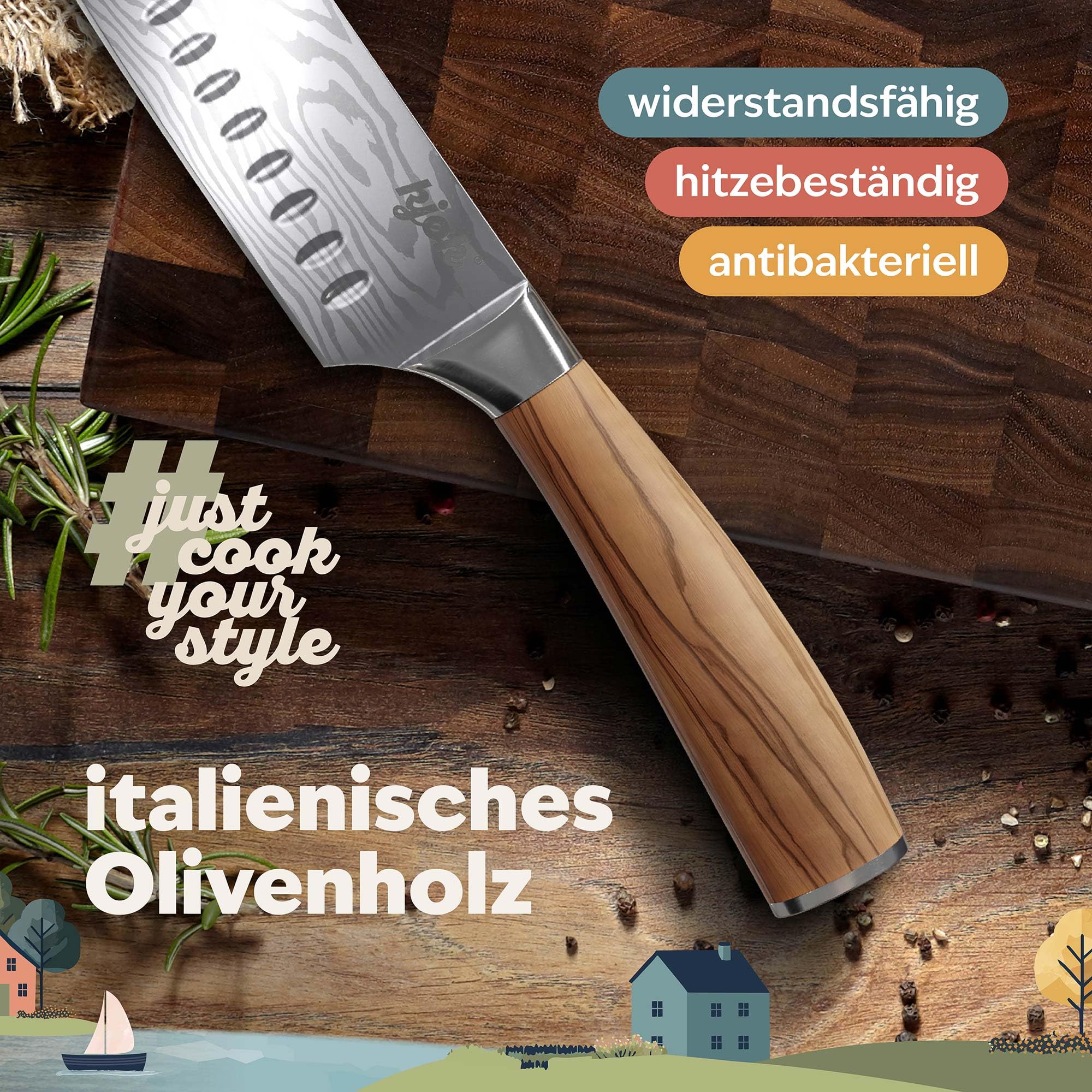 kjøk Premium Santoku-Messer 17 cm (7Cr-Stahl) mit Olivenholzgriff – extra scharfes Allzweck-Küchenmesser für Fleisch, Fisch und Gemüse – asiatisches Kochmesser mit Schutzhülle, nur 177 g
