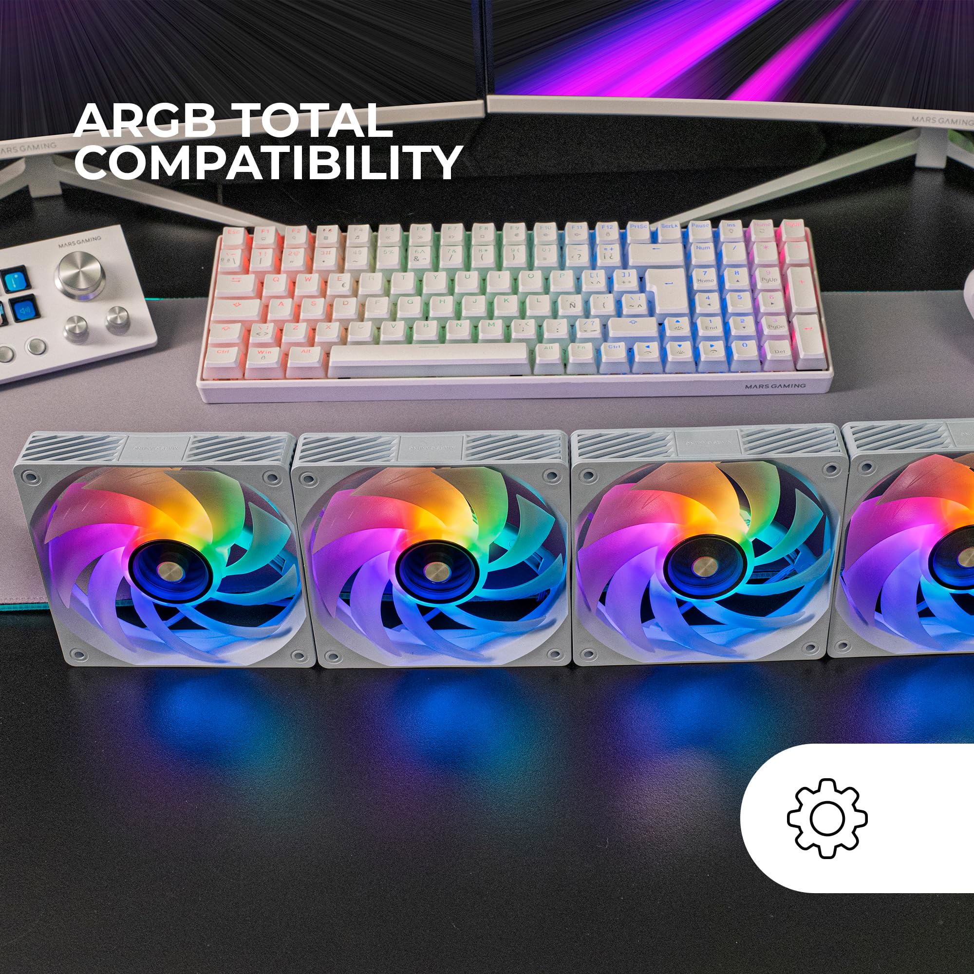 Mars Gaming MF-SI4KIT, Kit 4x Ventiladores Ultrasilenciosos 120mm, Iluminación ARGB Infinity Mirror, Rodamientos FDB y Núcleo de Cobre, Mando a Distancia y HUB, Compatibilidad Total ARGB, Blanco