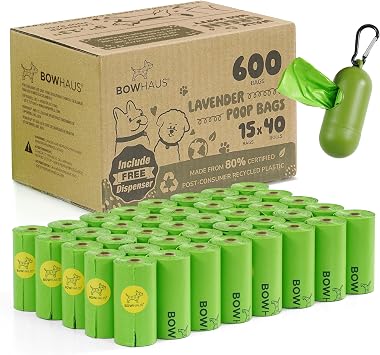 BOWHAUS Lavender Scented Dog Poop Bags w/Dispenser, 80% PCR Eco-Friendly Materials, 9 x 13 Extra Thick Leak Proof Waste Bag for Pet, Doggy Bag Refill Rolls, Versatile Dog Waste Bags, 600 Counts