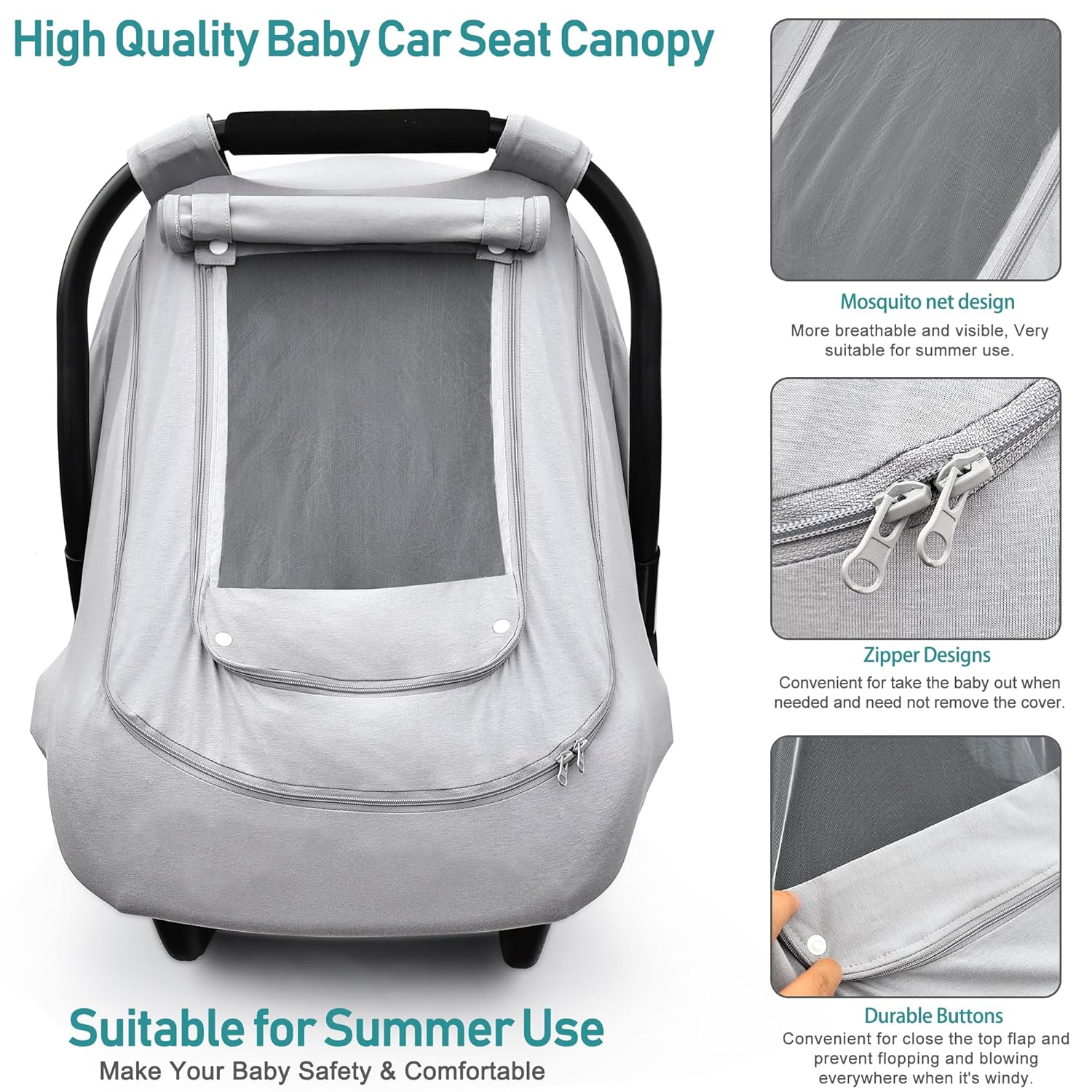 Baby Car Seat Cover for Summer/Spring,100% Organic Cotton Carseat Cover for Babies,Infant Car Seat Cover Canopy for Boys& Girls, Lightweight & Breathable (Gray) - Image 3