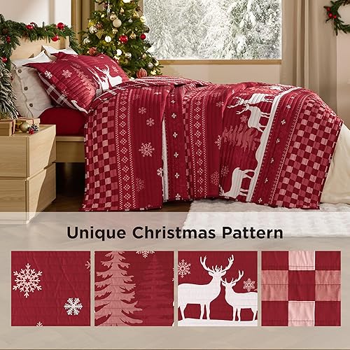 Miniatura 4 de Bedsure - Ropa de cama de Navidad, colcha reversible de tamaño King rojo con patrón de nieve y renos, colcha de microfibra ligera, suave, decoración