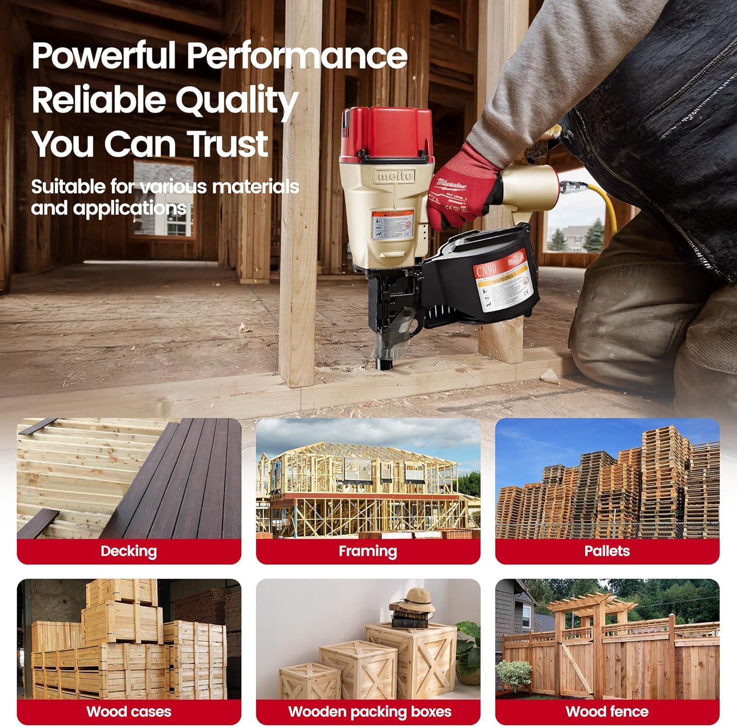 meite CN90 Coil Nailer Pneumatic Nail Gun 15 degree 2-1/4" to 3-1/2" (57-90 mm) Coil Nails, Heavy Duty Coil Nail Gun with Tool-free Nail Adjustment for Hardwood Pallets Framing Sheathing Decking