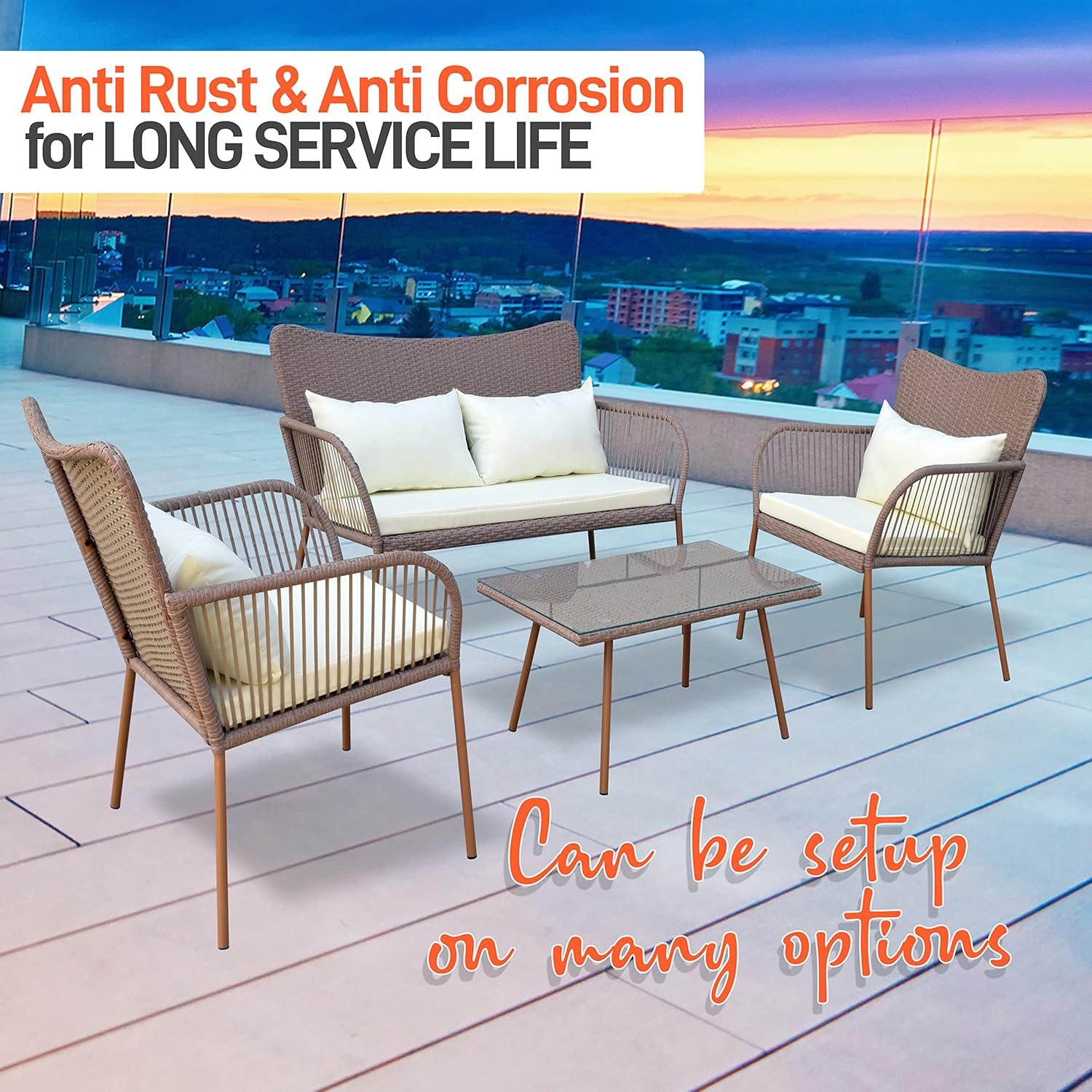 SereneLifeHome 4 Pcs. Patio Outdoor Rattan Furniture Set-Includes 1 Double 2 Single Chairs with Soft Cushion, and 1 Glass-top Coffee Table (Beige), Biege : Patio, Lawn & Garden