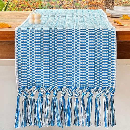 Camino de mesa de granja de 72 pulgadas de largo, patrón único tejido blanco y azul turquesa con borlas hechas a mano, duradero y lavable para