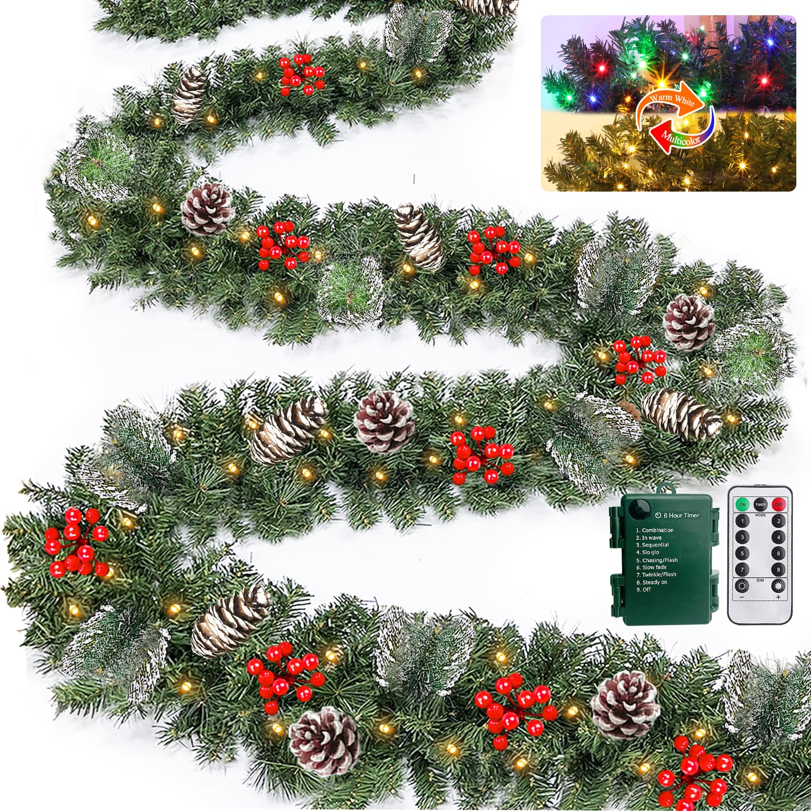 remote control&super long&8 modes-18 ft prelit canyon pine christmas garland for stairs door porch outdoor indoor fireplace mantle,100 warm white&colors switch lights,timer,460 branches pinecone berry