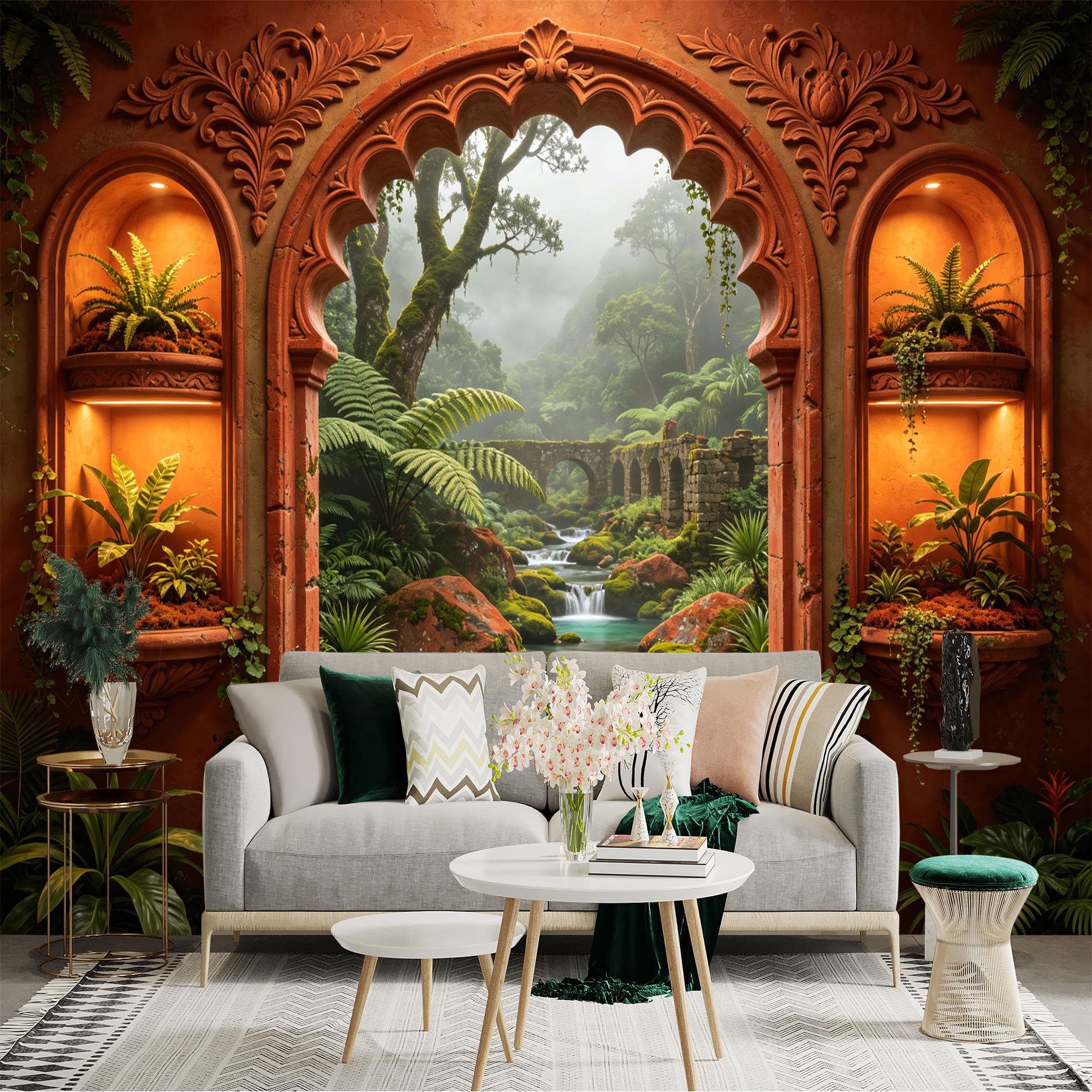 Custom Size Wall Sticker Mural， Tropical Forest Waterfall with Stone Bridge and Arch Window View， for wall Decoration， peelandstick wall Decals.