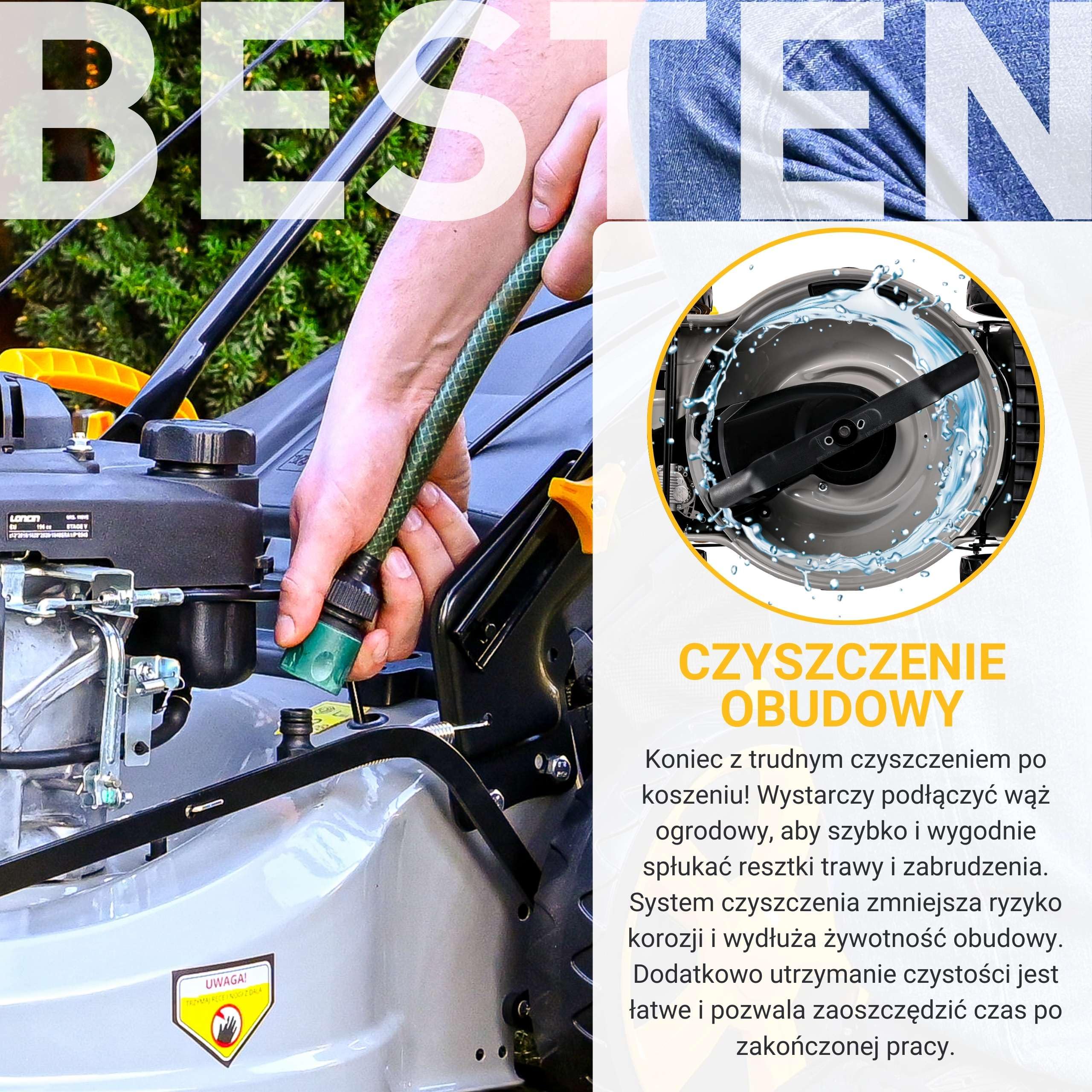 BESTEN Kosiarka Spalinowa z Napędem 196CC, Szerokośc Cięcia 51cm, Kosiarka Ogrodowa z Funkcją Bocznego Wyrzutu i Mocnym Zderzakiem, 8-Stopniowa Regulacja Wykości Koszenia, Kosz 62L,