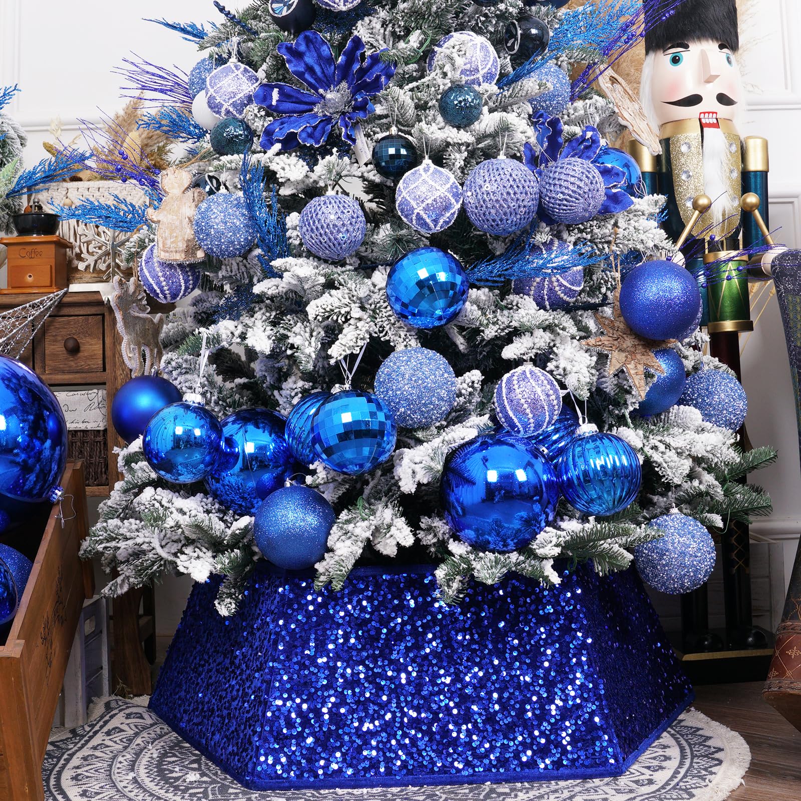 Transform Your Christmas Tree with Sunshine's Sparkling Sequin Tree Skirt - 33.5" Large Size, Christmas Tree Collar for Holiday Home Decor(Blue)