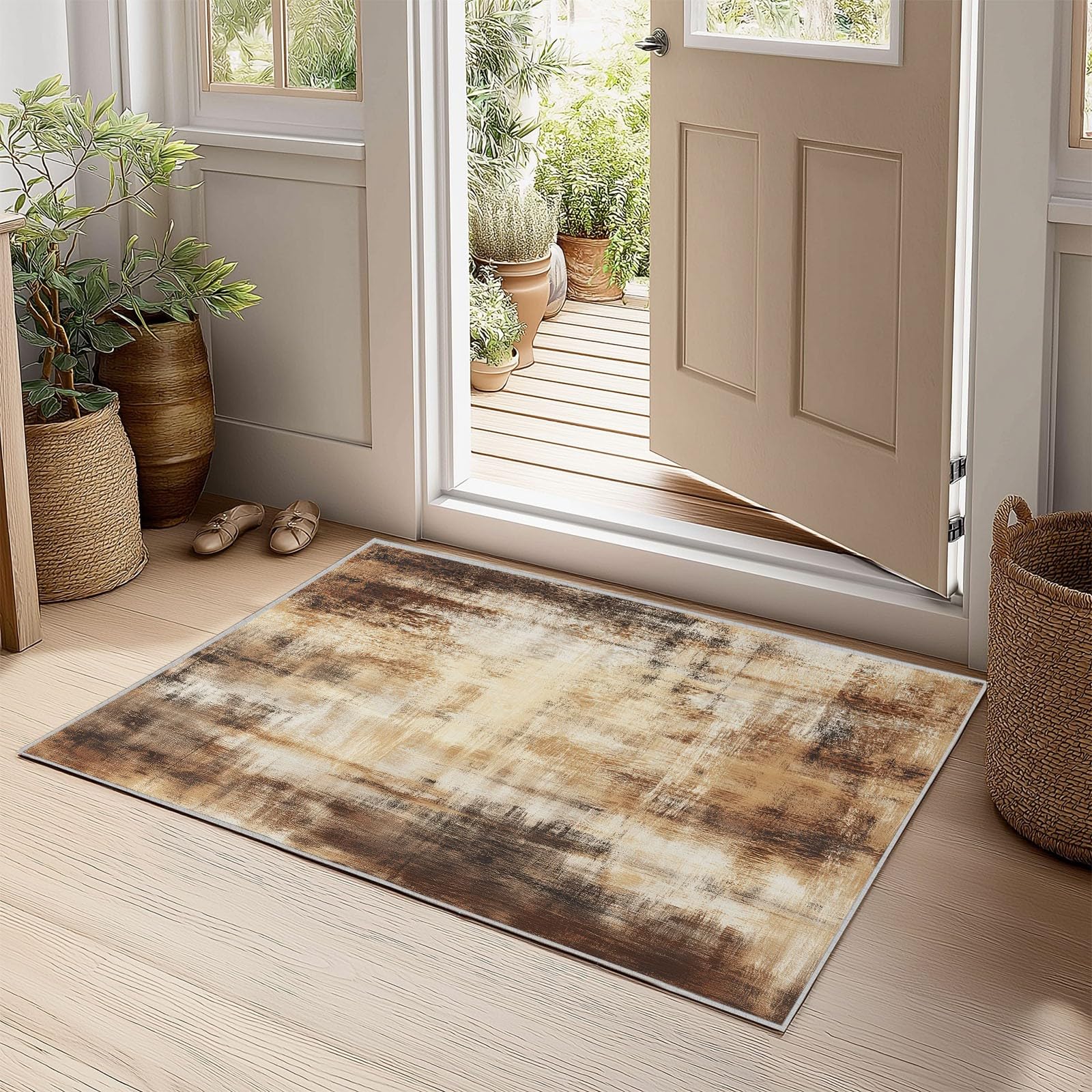 Dywan Można prać w pralce Abstrakcyjny Retro Wood Grain Malarstwo olejne 160 x 230 cm, Wzmocnione krawędzie Maty antypoślizgowe Odporne na plamy, do salonu domu łazienki Chłonny dywanik khaki