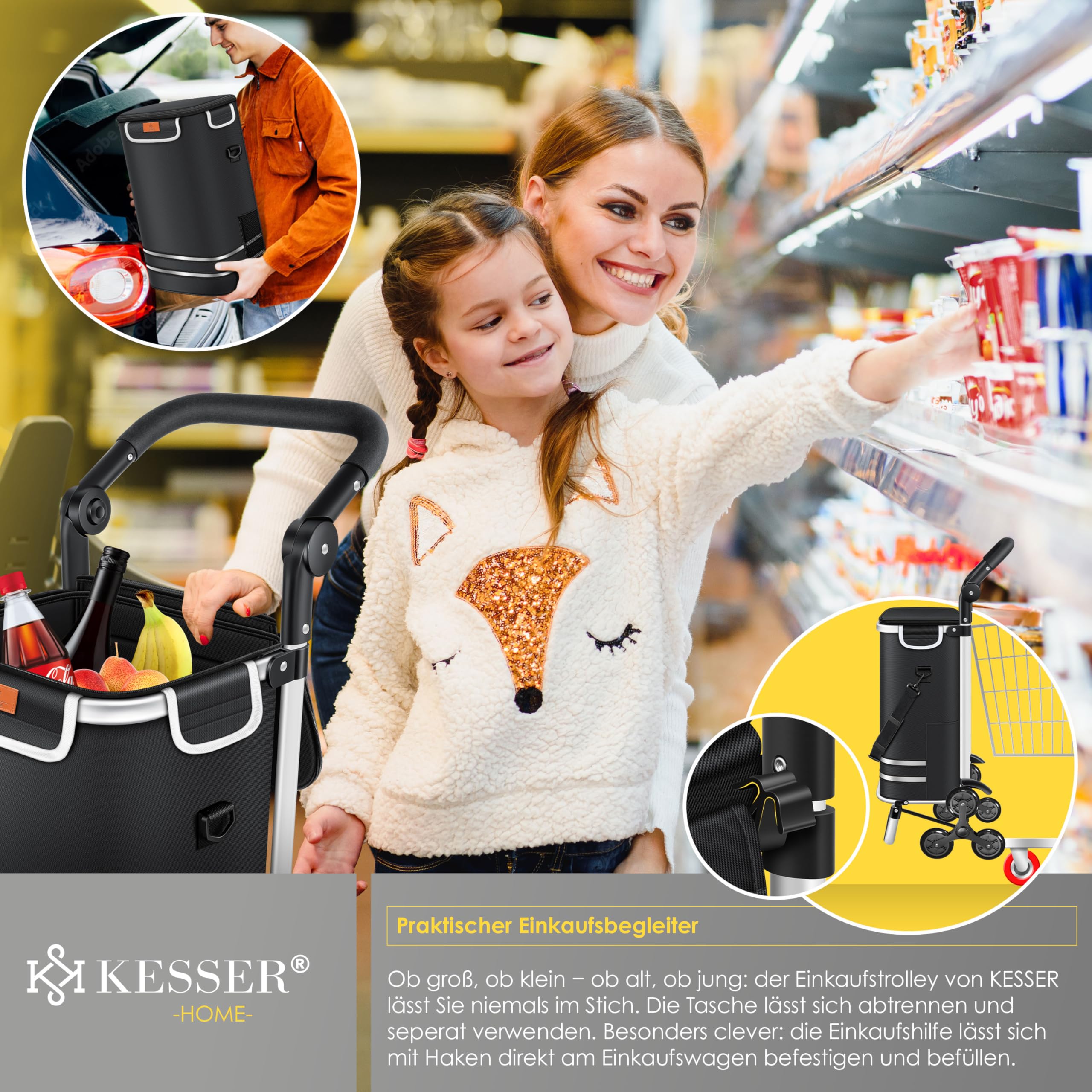 KESSER® Einkaufstrolley Treppensteiger mit Kühlfach klappbar mit 56L Kapazität und belastbar bis 50kg | 3in1 Trolley Sackkarre & Umhängetasche | Faltbarer Einkaufswagen inkl. Einkaufschip, Schwarz