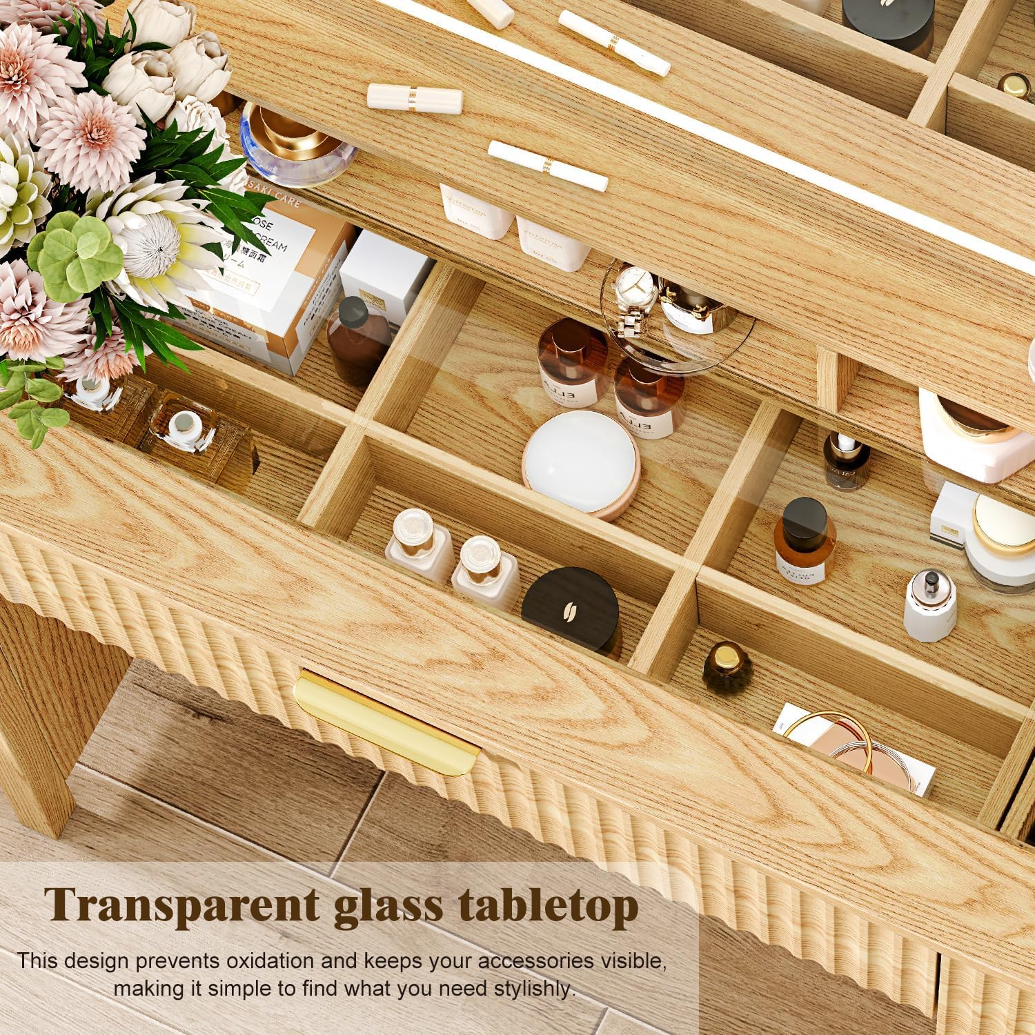 Makeup Vanity Desk with Mirror and Lights, 43.3'' Glass Tabletop Vanity Table with 5 Drawers & Shelves,Big Vanity Set for Bedroom, Oak