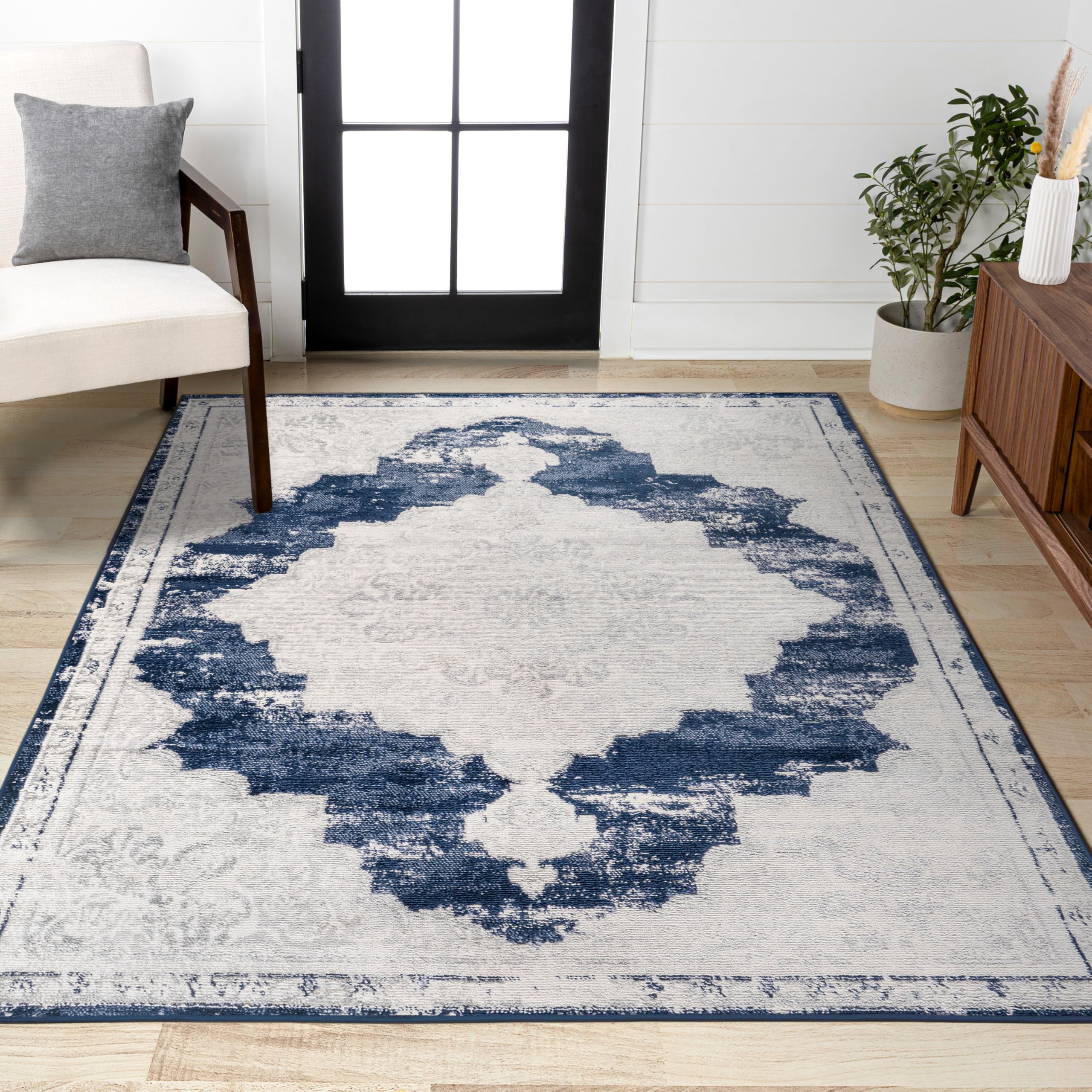 JONATHAN Y Alhambra Ornate Medallion Modern Ivory/Navy Indoor Area Rug, 8x10, Vintage, Bohemian, Easy-Cleaning for Living Room, Bedroom, Kitchen, Pet