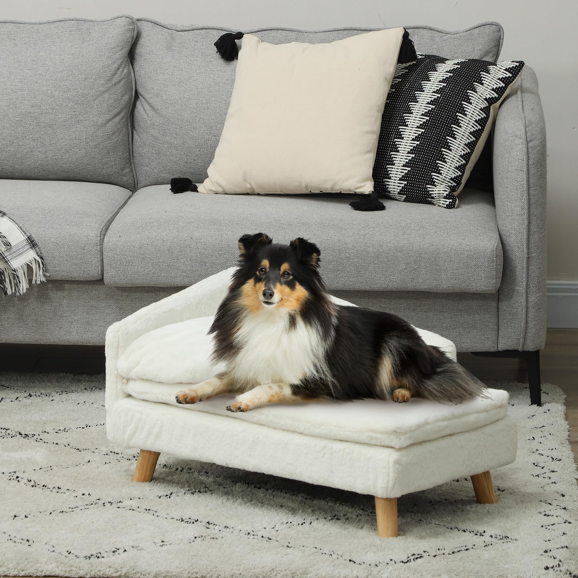 PawHut Canapé pour Chien, lit pour Chien Chat, avec Coussin Moelleux, Oreiller, Housses Amovibles et lavables, en Peluche, 70l x 42,5P x 38,5H cm, crème
