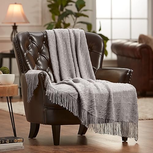Chanasya Manta gris de alta calidad con borlas, de punto acrílico, supersuave, esponjosa, cálida, acogedora, ligera, elegante, bohemia para cama,