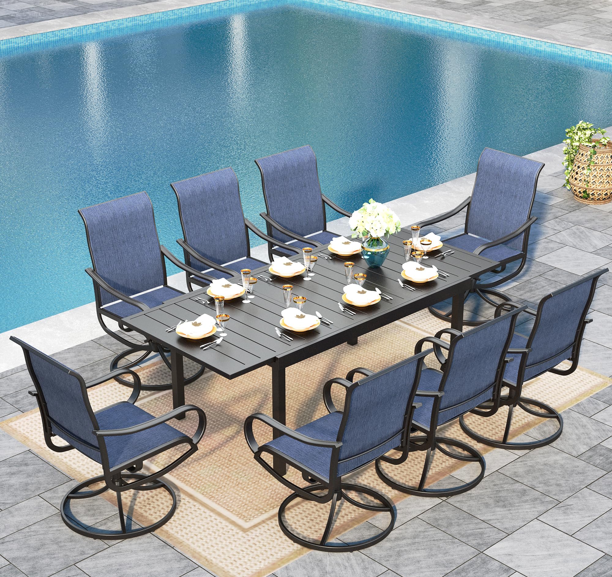 Sophia &amp; William Outdoor Dining Set Patio Dining Sets Patio Table and Chairs Set 9 Pieces Outdoor Dining Table for 8 with Swivel Patio Chairs Patio Set for Garden Pool All Weather Blue